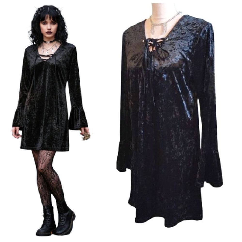 Adore Black Crushed Velvet Lace Up Bell Sleeves Gothic Tunic Mini Dress‎ XL